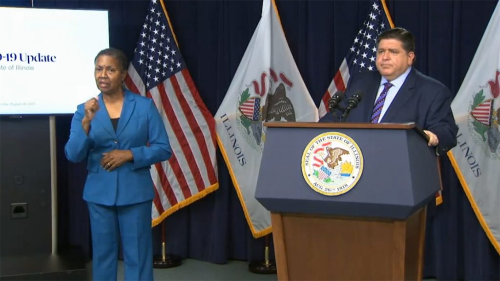 Gov. JB Pritzker speaks during a news conference Aug. 26, 2021, in Chicago during which he announced a statewide indoor mask mandate. (Credit: blueroomstream.com)
