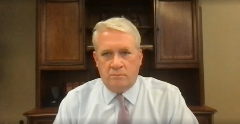 House Republican Leader Jim Durkin outlines his legislation to revamp the rules for the Prisoner Review Board, including broadcasting some of their hearings and including more input from victims, during a virtual conference Thursday. (Credit: blueroomstream.com)