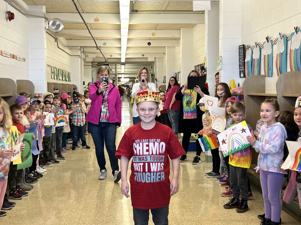 King Camden Ford celebrated being cancer free at Peotone Elementary School Friday , March 3rd. Photo by Andrea Arens.