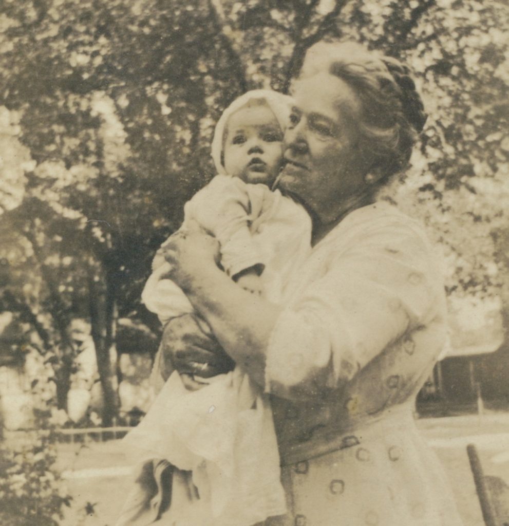 1918 photo: Caroline Folk Collins (great-great-grandmother of the author) holds Kathleen Collins (grandmother of the author), somewhere in Peotone, in 1918. –Bill Carey photo.