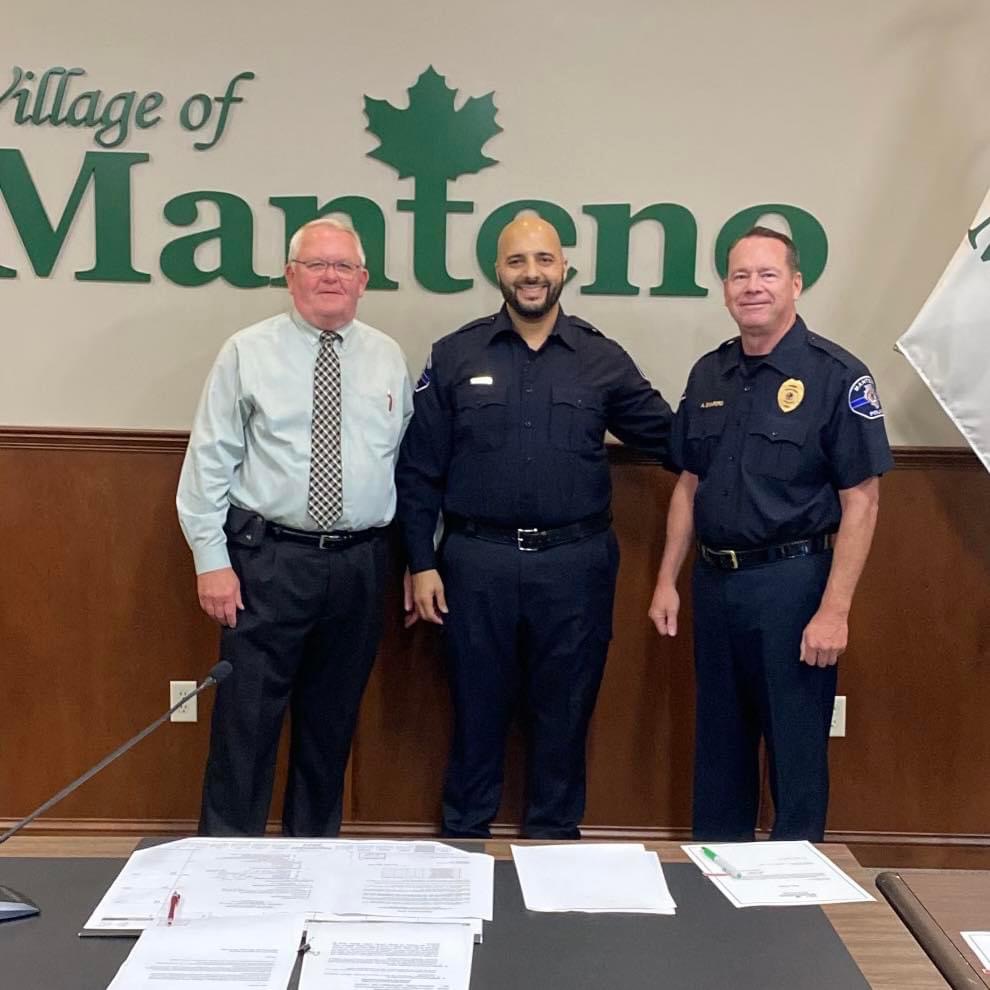 New Manteno Police Officer Shaddy Mohammad with Mayor Tim Nugent and Chief Alan Swinford. Photo courtesy Manteno Police Department.