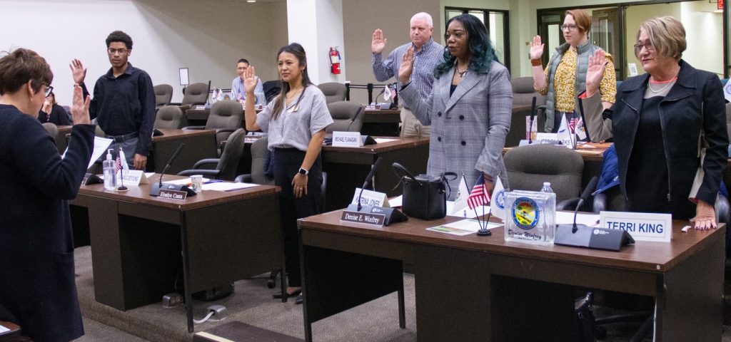 Will County Executive Jennifer Bertino-Tarrant swore in members of the Will County Community Mental Health Board at their first meeting. The newly created board is tasked with evaluating mental health services in Will County. –Photo submitted.