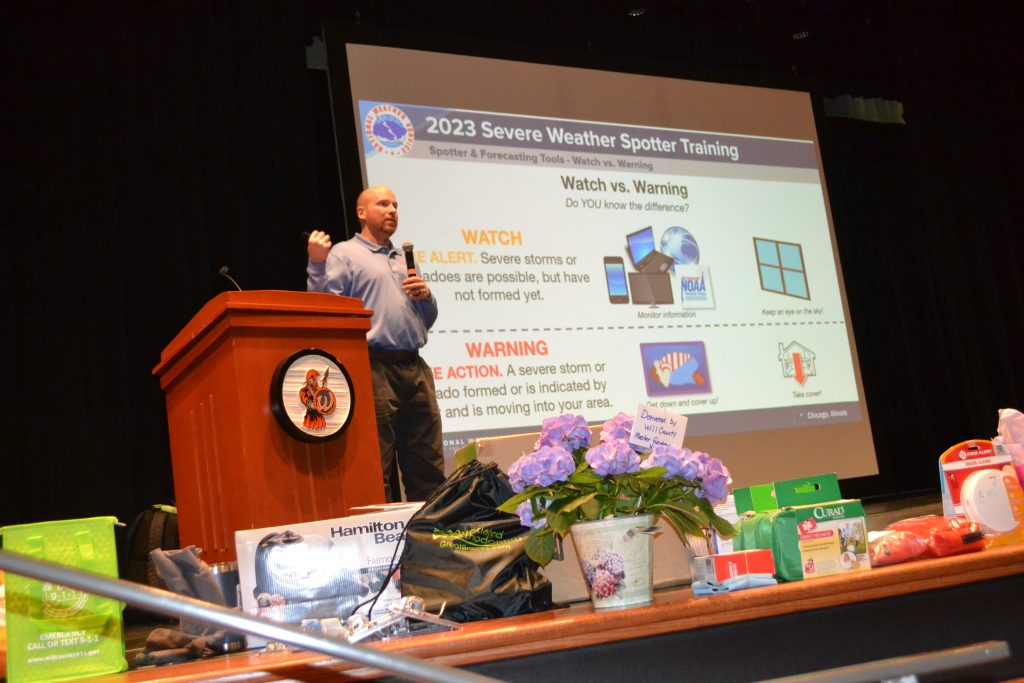 National Weather Service Meteorologist Make Bardou presented a Weather Spotter training program at Lincoln-Way High School. –Photo by Karen Haave.