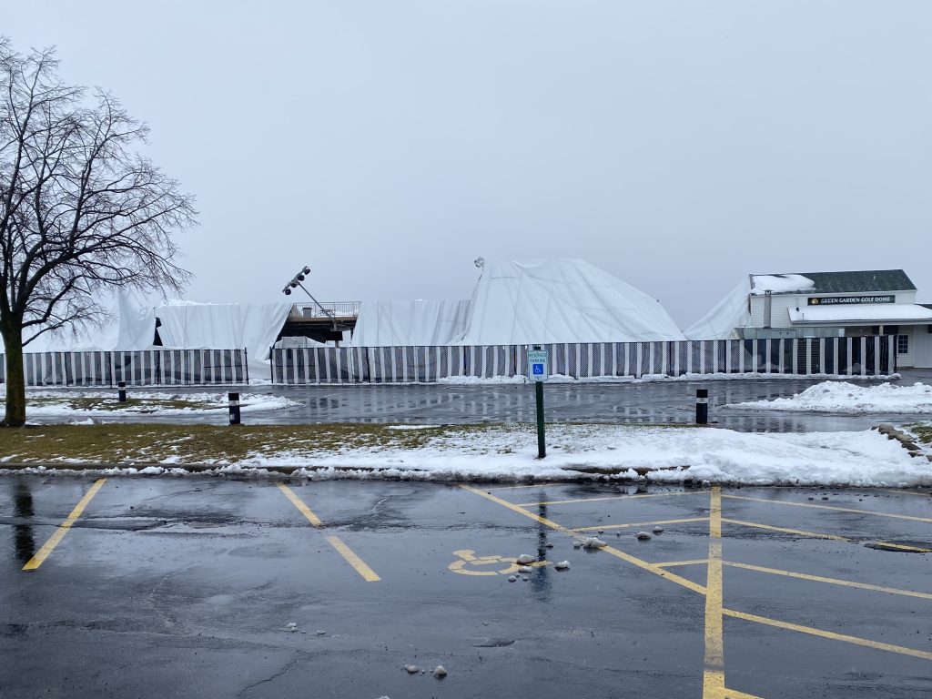 The Green Garden Golf Dome collapsed on January 12 due to inclement weather causing a light pole to puncture the dome. –Photo by Bruce Samborski.