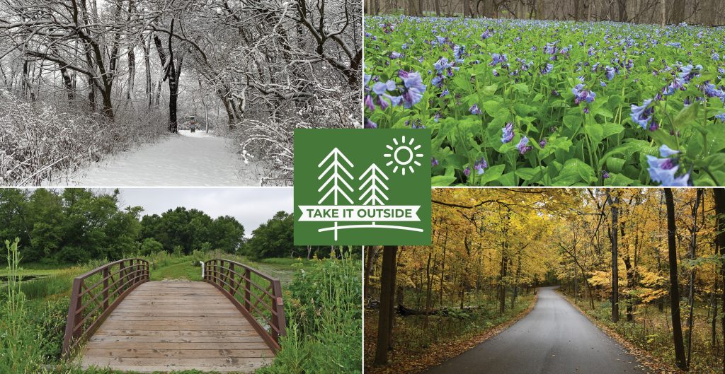 This year’s Forest Preserve District of Will County Take It Outside Challenge will be divided into four seasonal competitions. The Winter Workout challenge began Sunday, January 21. –Forest Preserve photo illustration.
