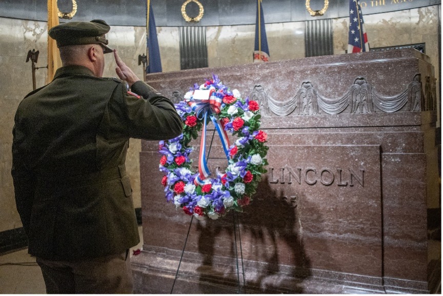 Brig. Gen. Mark Alessia renders a salute after placing a wreath at the tomb of President Abraham Lincoln on behalf of the President of the United States on February 12. It was a part of the 90th annual American Legion Pilgrimage to Lincoln’s Tomb at Oak Ridge Cemetery, Springfield. –U.S. Army photo by Barbara Wilson, Illinois National Guard Public Affairs Office.