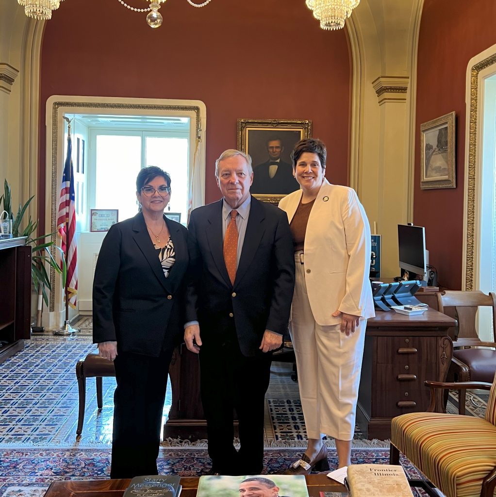 County Executive Jennifer Bertino-Tarrant, right, and State Rep. Natalie Manley, left, met with Illinois Sen. Richard Durbin, center, to hear updates on legislation that supports Will County’s priorities. –Photo submitted.