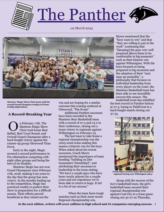 The new digital only version of The Panther shared its first edition in early March. –Photo courtesy Manteno High School.