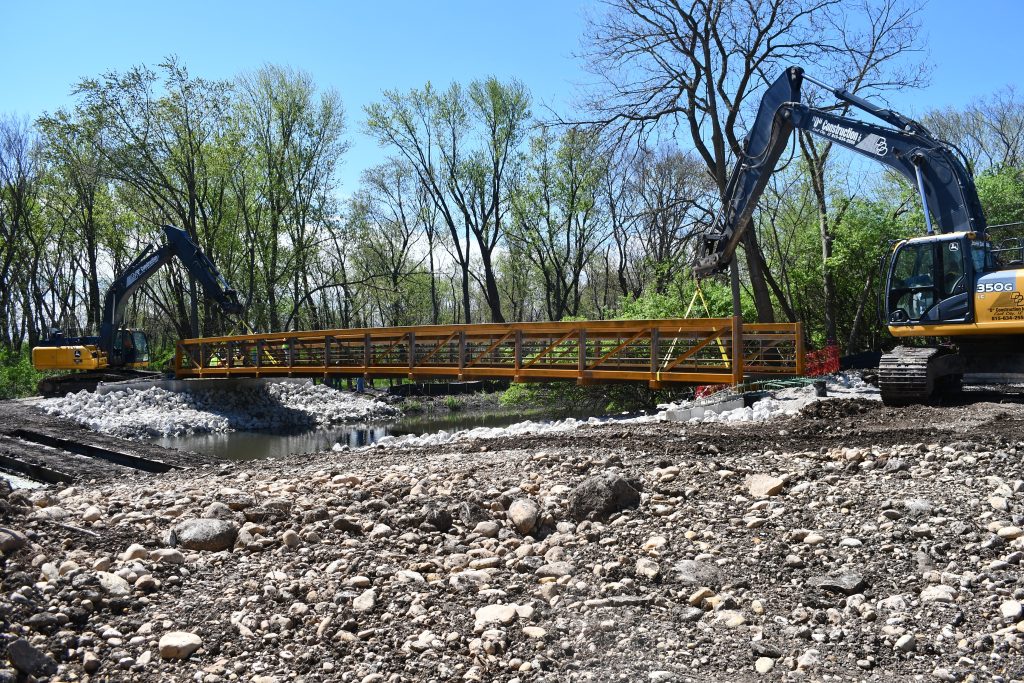 This 90-foot bridge was installed over the I&M Canal in Channahon on April 19. The bridge will connect the Forest Preserve District of Will County’s paved loop trail at Lake Chaminwood Preserve with the I&M Canal State Trail. –Photo by Forest Preserve staff.