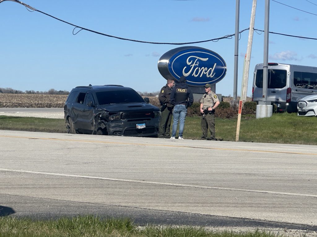 The high speed pursuit ended on Rte. 50 in Peotone right in front of Terry’s Ford after continuing through multiple municipalities. Photo by Andrea Arens.