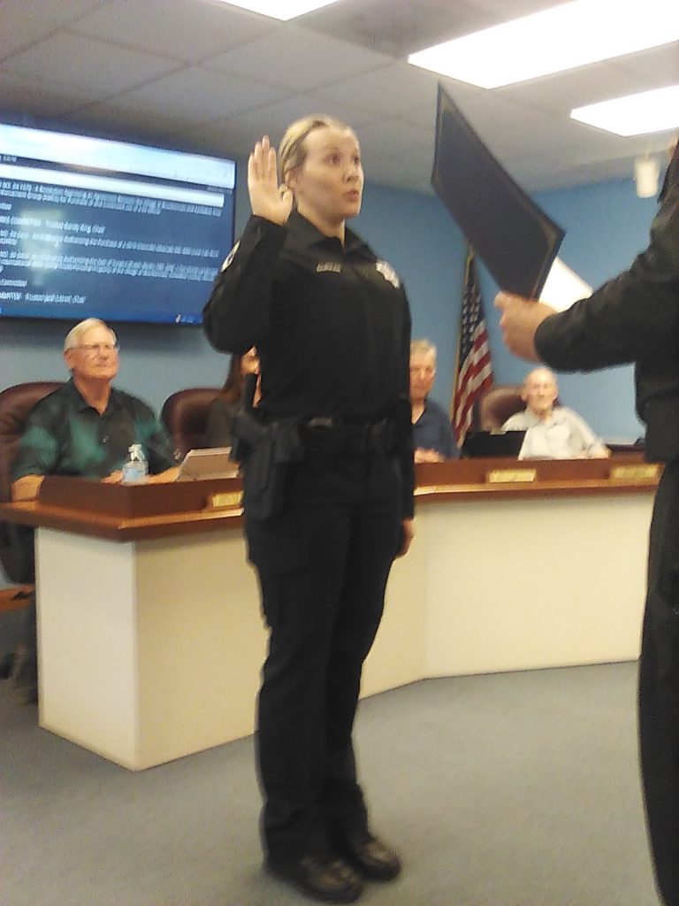 Office Curran was sworn in at the May 6 board meeting. –Photo by Stephen Nelson.